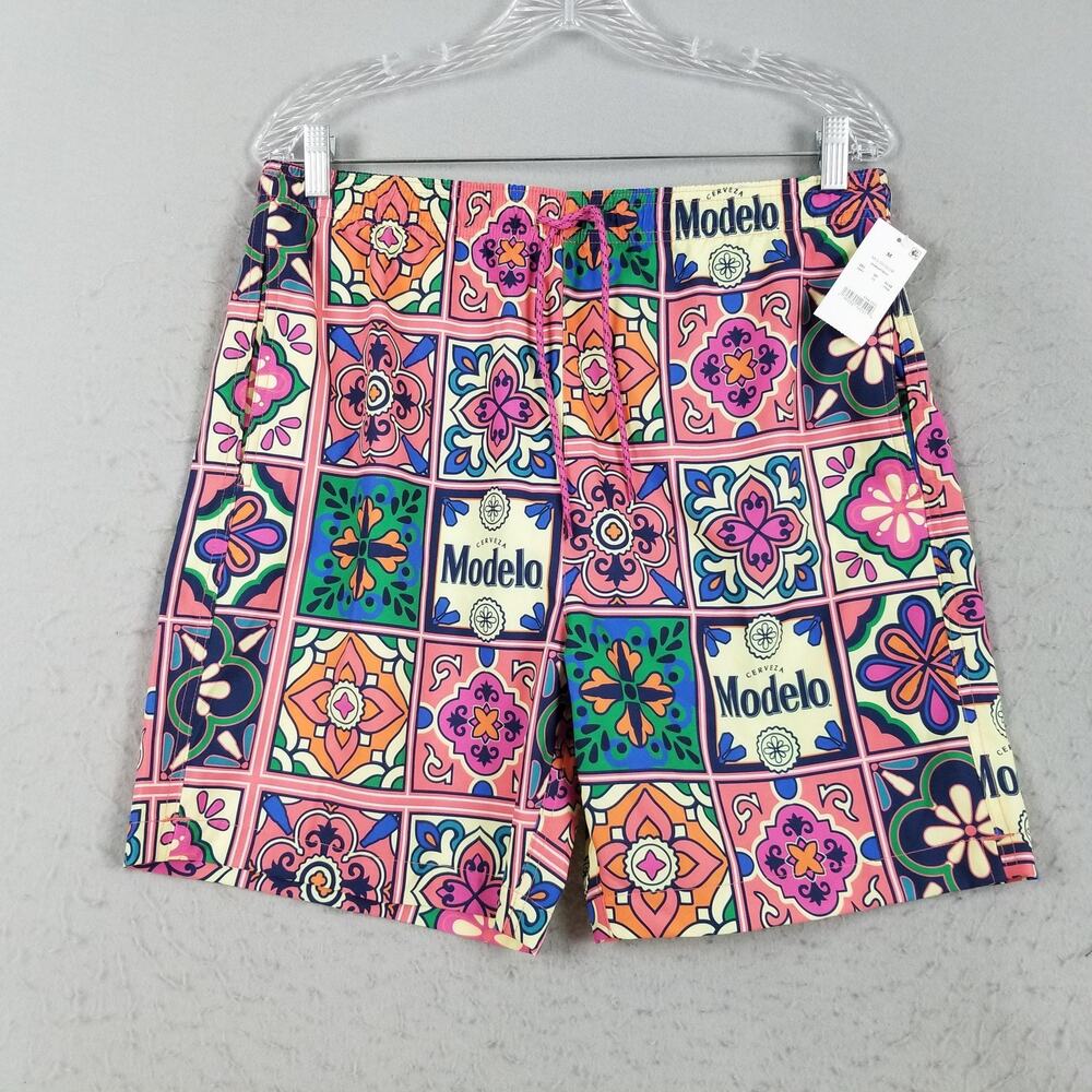 Modelo Swim Trunks Mens Medium Multicolor Cerveza Beer Tile Print Mesh Lined